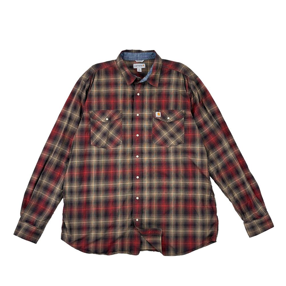 Carhartt Rugged Flex Pearl Snap Shirt Mens XLT Red Plaid Relaxed Workwear